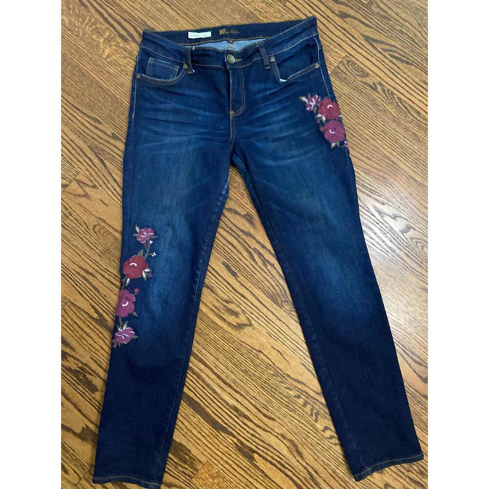 Kut from the Kloth dark wash Catherine Boyfriend jeans with floral embroidery